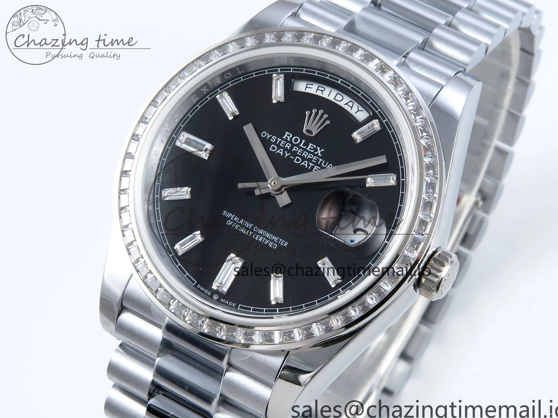 on QF 40 Edition Bracelet (Gain 1:1 DayDate Black V5 Best A2836 Crystal SS Bezel Dial Diamonds President Weight) 0315